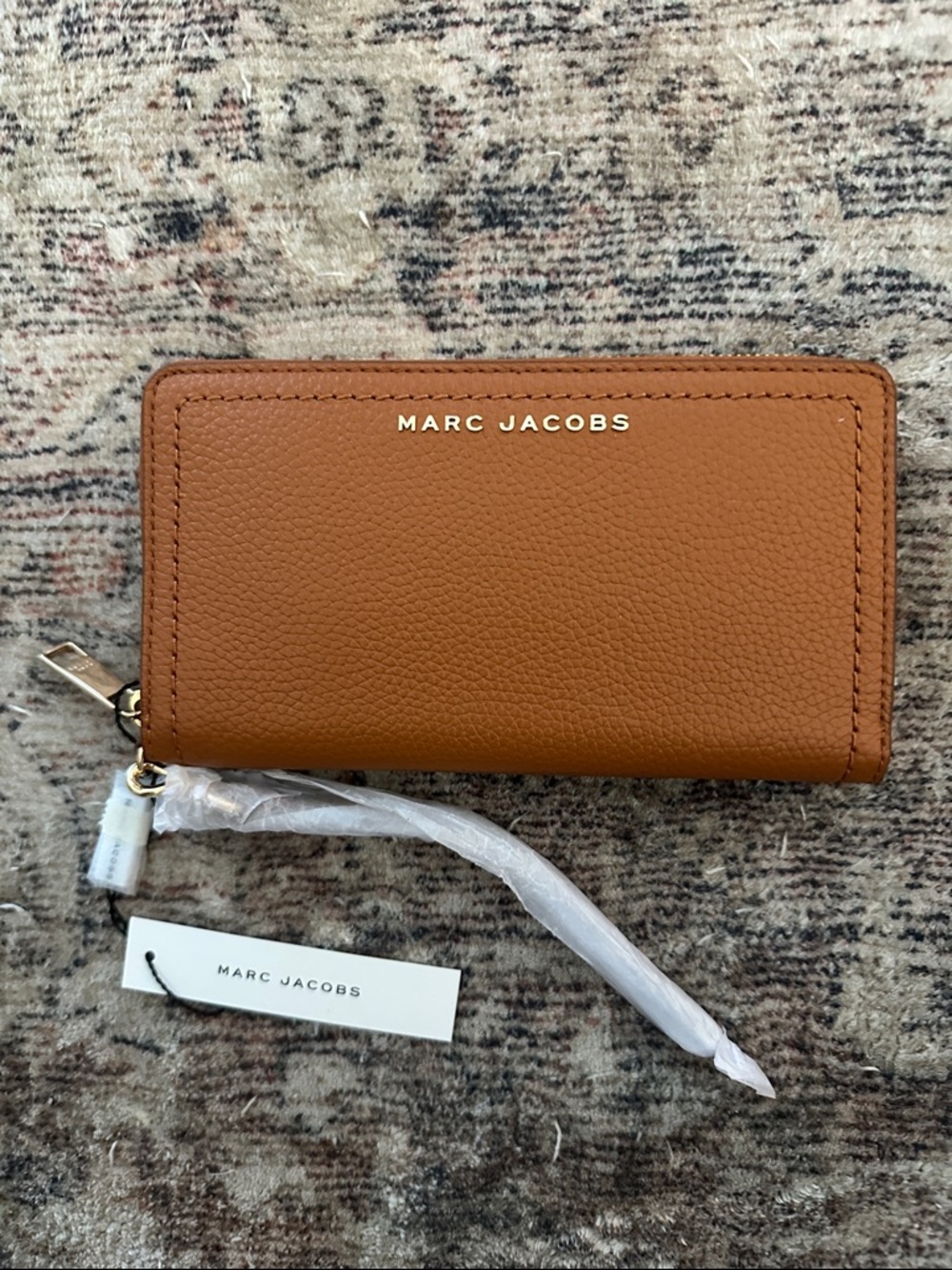 Marc Jacobs Cognac Pebbled Leather Zip Wallet with Gold Logo